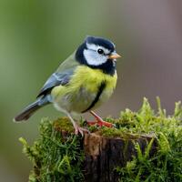 ai generiert Vogel Lied großartig tit thront auf moosig Stumpf, beschwingt Farben zum Sozial Medien Post Größe foto