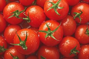 ai generiert Kirsche Tomate Fülle frisch rot Tomaten mit Tau, texturiert Hintergrund foto