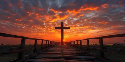 ai generiert das Kreuz beim das Sonnenuntergang Hintergrund , Jesus Christus Kreuz foto