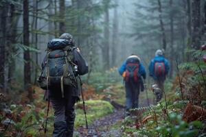 ai generiert Wanderer - - Mann Wandern im Wald. kaukasisch männlich Modell- draußen im Natur. foto