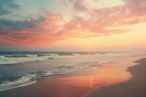 ai generiert ein heiter und friedlich Strand Szene beim Sonnenaufgang. generativ ai foto