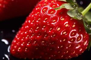 ai generiert ein Nahansicht von ein saftig, reif Erdbeere. generativ ai foto
