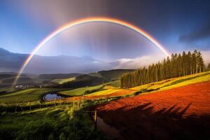 ai generiert doppelt Regenbogen nach ein erfrischend Regen. generativ ai foto