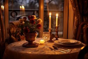 ai generiert Kerzenlicht Abendessen Tabelle zum ein romantisch Abend. generativ ai foto