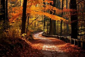 ai generiert Herbst Blätter auf ein Wald Pfad. generativ ai foto
