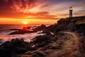 ai generiert ein Leuchtturm im das Entfernung während ein Küsten Sonnenaufgang. generativ ai foto