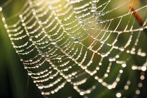 ai generiert ein unkonventionell Winkel Erfassen ein Spinne Netz mit Tautropfen glitzernd im das Morgen Sonne. generativ ai foto