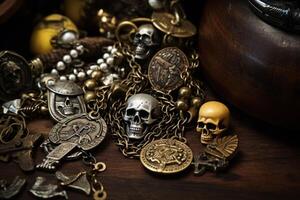 ai generiert ein schließen oben von ein Piraten Halskette geschmückt mit verschiedene Schmuckstücke und Reize gesammelt von ihr Abenteuer. generativ ai foto