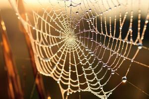 ai generiert Nahansicht von ein taubedeckt Spinnennetz im das früh Morgen Licht. generativ ai foto