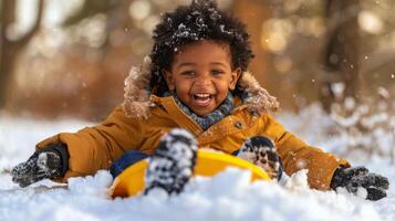 ai generiert jung Kind Sitzung auf Schlitten im Schnee foto