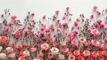 ai generiert Rosa Blumen Blühen gegen Weiß Mauer foto