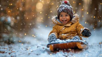 ai generiert wenig Mädchen spielen im Schnee foto