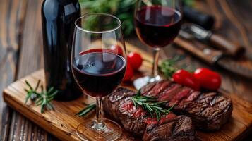 ai generiert hölzern Schneiden Tafel mit Steak und Wein foto