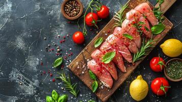 ai generiert roh Fleisch, Kräuter, und Tomaten auf Schneiden Tafel foto