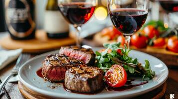 ai generiert hölzern Schneiden Tafel mit Steak und Wein foto