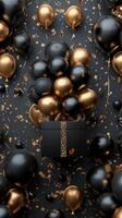 ai generiert schwarz und Gold Luftballons mit Geschenk Box foto