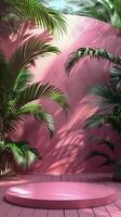 ai generiert Rosa Zimmer mit Palme Bäume und runden Bank foto