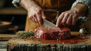 ai generiert Person Schneiden Fleisch mit Messer auf Schneiden Tafel foto