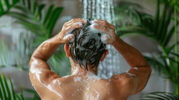 ai generiert Mann Waschen Haar im Dusche foto