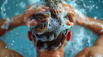 ai generiert Mann Waschen Haar im Dusche foto