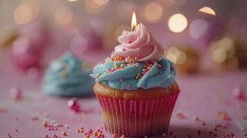 ai generiert Cupcake mit Single Kerze foto