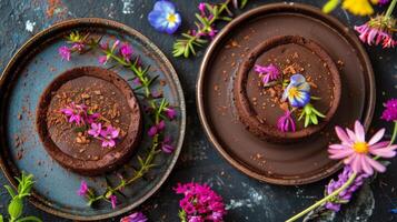 ai generiert Schokolade Kuchen mit pulverisiert Zucker foto