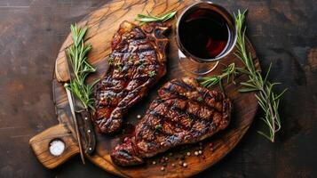 ai generiert hölzern Schneiden Tafel mit Steak und Wein foto