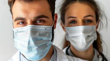 ai generiert Mann und Frau tragen chirurgisch Masken foto
