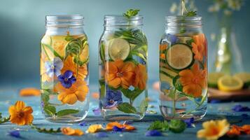 ai generiert drei Glas Gläser gefüllt mit Blumen und Zitronen foto