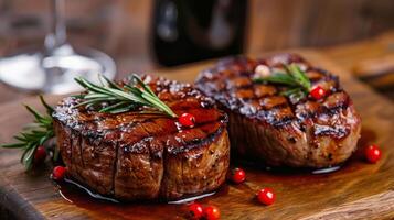 ai generiert zwei Steaks auf Schneiden Planke, Glas von Wein foto