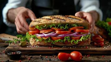 ai generiert Person Schneiden groß Sandwich auf Schneiden Tafel foto