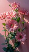 ai generiert drei Rosa Blumen im Vase auf Tabelle foto