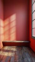 ai generiert rot Zimmer mit hölzern Fußboden und Fenster foto