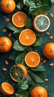 ai generiert Gruppe von Orangen auf Grün Blätter foto