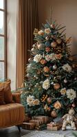ai generiert festlich Weihnachten Baum im Leben Zimmer foto