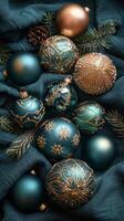 ai generiert Weihnachten Ornamente auf Blau Decke foto