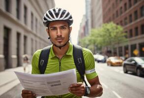 ai generiert ein Kurier Bewertungen Papierkram Vor ein Fahrrad Lieferung im das Stadt, präsentieren ein Mischung von Effizienz und umweltfreundlich Transport. foto