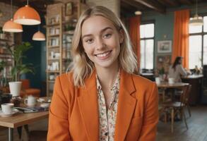 ai generiert ein jung Frau im ein Orange Jacke gibt ein beiläufig Lächeln im ein gemütlich Cafe Umfeld. ihr Gegenwart fügt hinzu zu das freundlich Ambiente. foto