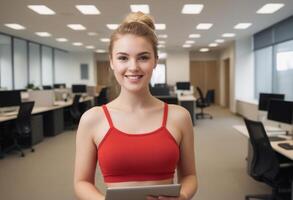 ai generiert sportlich Frau im ein Fitness oben beim das Büro. gesund Lebensstil Integration im ein Fachmann Umfeld. foto