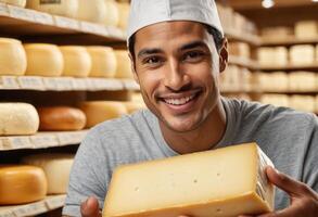 ai generiert ein Käse macher im ein Käse Keller stolz die Geschenke ein handwerklich Käse, Anzeige Handwerkskunst und Tradition im Käse machen. foto