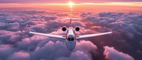 ai generiert ein Privat Jet steigt an hoch über das Wolken gegen ein schön Sonnenuntergang foto