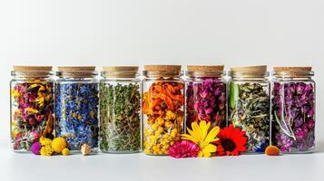 ai generiert ein sortiert Glas Gläser gefüllt mit beschwingt getrocknet Blumen Kräuter foto