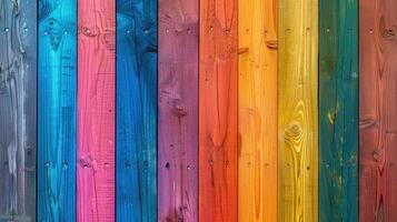 ai generiert ein voll Spektrum von Regenbogen Farben Farben ein lebhaft und beschwingt hölzern Planke Hintergrund foto