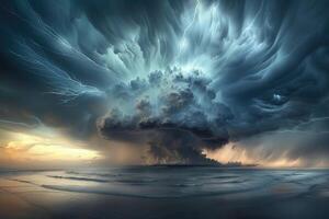 ai generiert ein Panorama- Aussicht von ein bedrohlich Superzelle Gewitter mit dramatisch Blitz Streiks und dunkel foto