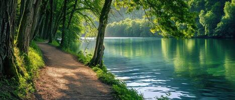 ai generiert ein Panorama- Szene von ein still Wald Pfad Laufen neben das Ruhe Wasser von ein heiter See. foto