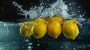 ai generiert ein hell Gelb Zitronen Herstellung ein Spritzen im Wasser foto