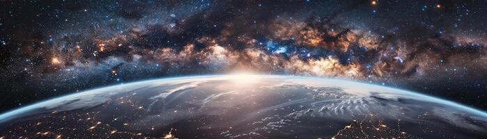 ai generiert ein atemberaubend Aussicht von Erde von Raum gegen ein Hintergrund von entfernt Sterne und kosmisch Staub Wolken. foto