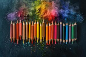 ai generiert ein Regenbogen von farbig Bleistifte Lügen mit Pigment Staub gegen ein dunkel Tafel Hintergrund. foto