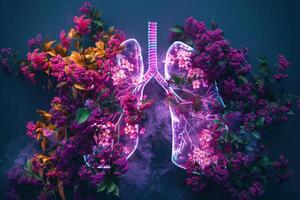 ai generiert ein atemberaubend visuell Konzept von Neon- Lunge verschlungen mit Blumen foto