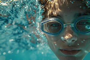 ai generiert ein unter Wasser Schuss erfasst ein konzentriert Schwimmer tragen Brille foto
